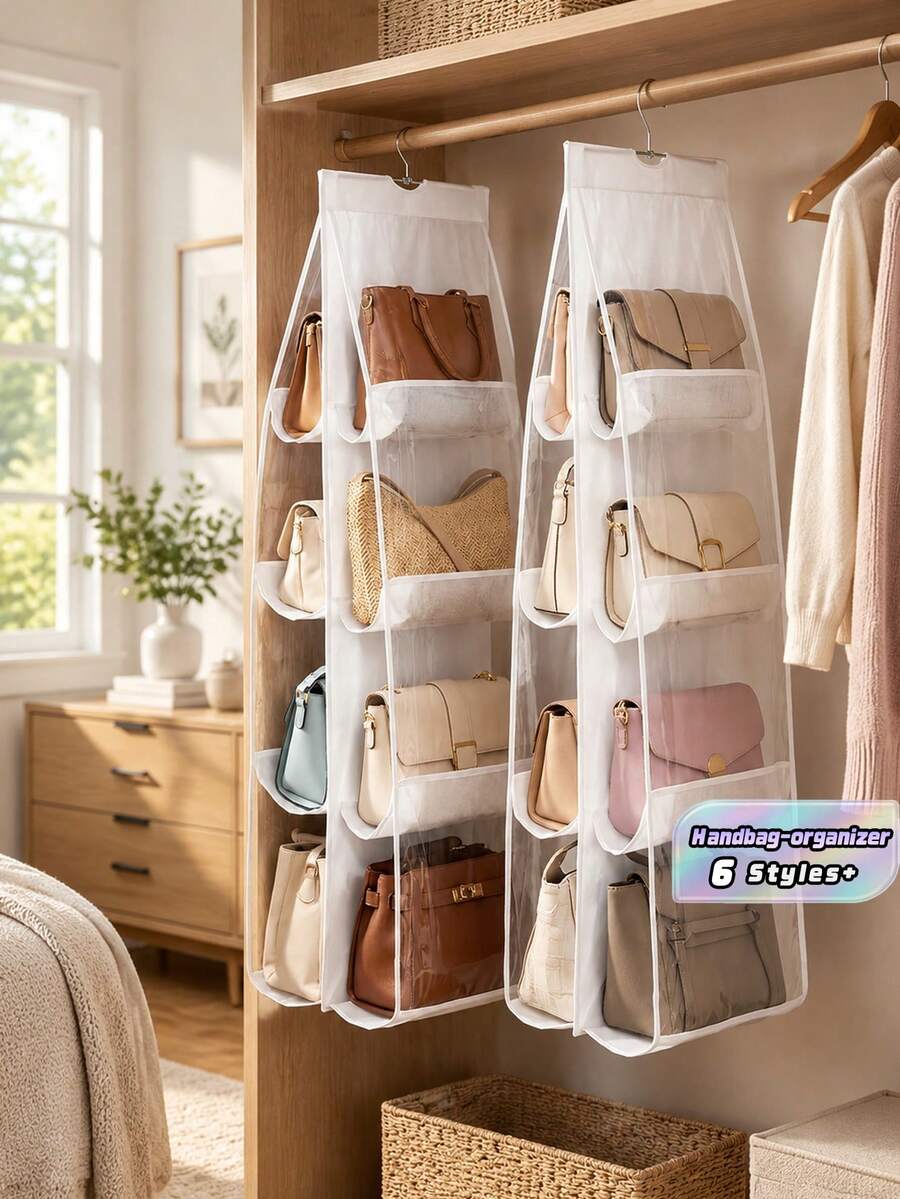 1 Piece Multi-Pocket Clear Mesh Hanging Handbag Organizer, Dustproof Hanging Purse Storage Rack, Space Saving Transparent Bag Collection Holder, Closet Wardrobe Storage Organizer For Handbags, Wallets, Ideal For Bedroom & Cloakroom Home Storage