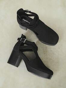Styleloop Outdoor Women's Square Head Cross Strap Design Is Fashionable, Simple, Breathable And Comfortable, Buckle Strap Single Shoes For Parties - Black - View 5