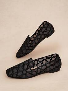 Rosivie The New Women's Popular Simple And Fashionable Splicing Mesh Embroidery Flower Design, One Pedal Square Head Flat Bottom Multi-Color Mary Jane Single - Black - View 7