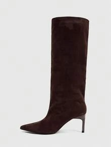 Daringsoles Women's New Pointed Stiletto Suede Wide Tube And Knee Boots - Coffee Brown - View 4