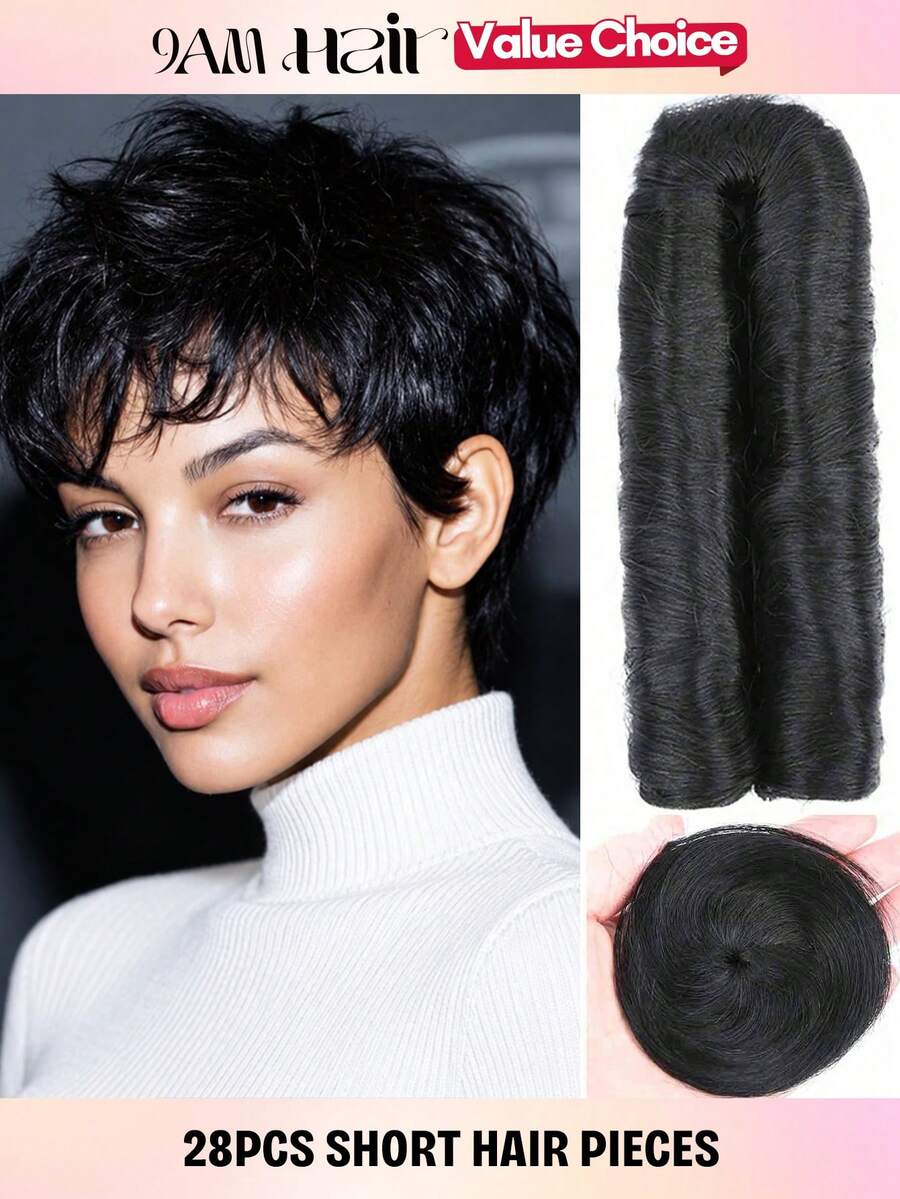 28pcs Human Hair Extensions Short Curly Wave Burmese Curly Bundles Human Hair For Women Halloween Thanksgiving Day Christmas For Party - Multicolor - View 1