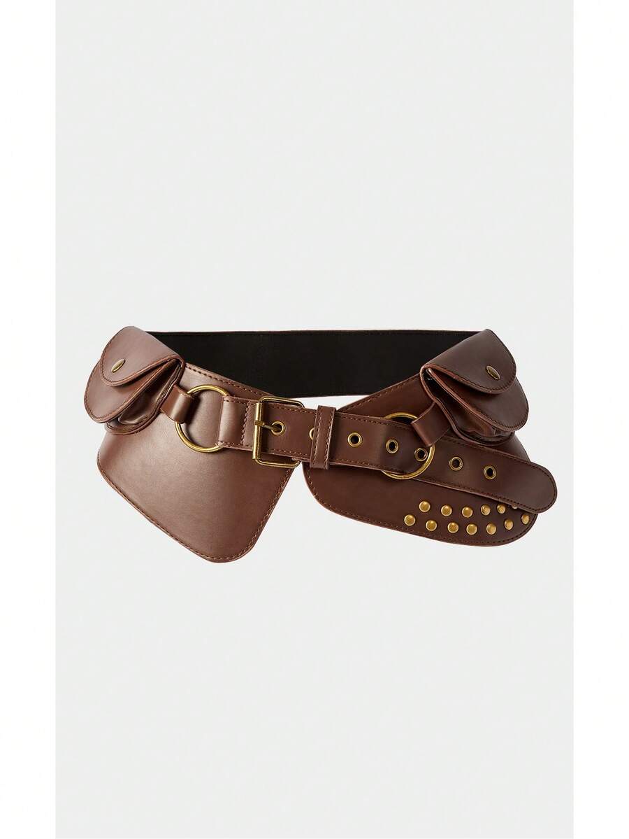 Noxbound Medieval Double Pocket Rivets Decorative Wide Belt, Which Can Store Retro Belts And Spice Girls To Wear Single Items. - Brown - View 1