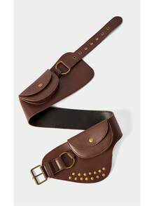 Noxbound Medieval Double Pocket Rivets Decorative Wide Belt, Which Can Store Retro Belts And Spice Girls To Wear Single Items. - Brown - View 2