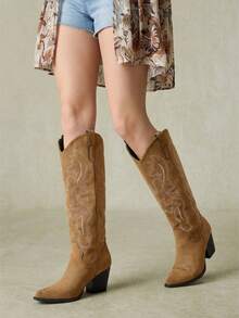 Styleloop Camel Suede Embroidered Tall Western Cowboy Boots For Women, Pointed Thick Heel Boots, Maillard Retro Versatile Women's Boots Winter Boots - khaki brown - View 8