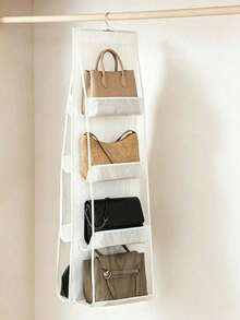 1 Piece Multi-Pocket Clear Mesh Hanging Handbag Organizer, Dustproof Hanging Purse Storage Rack, Space Saving Transparent Bag Collection Holder, Closet Wardrobe Storage Organizer For Handbags, Wallets, Ideal For Bedroom & Cloakroom Home Storage - White - View 20
