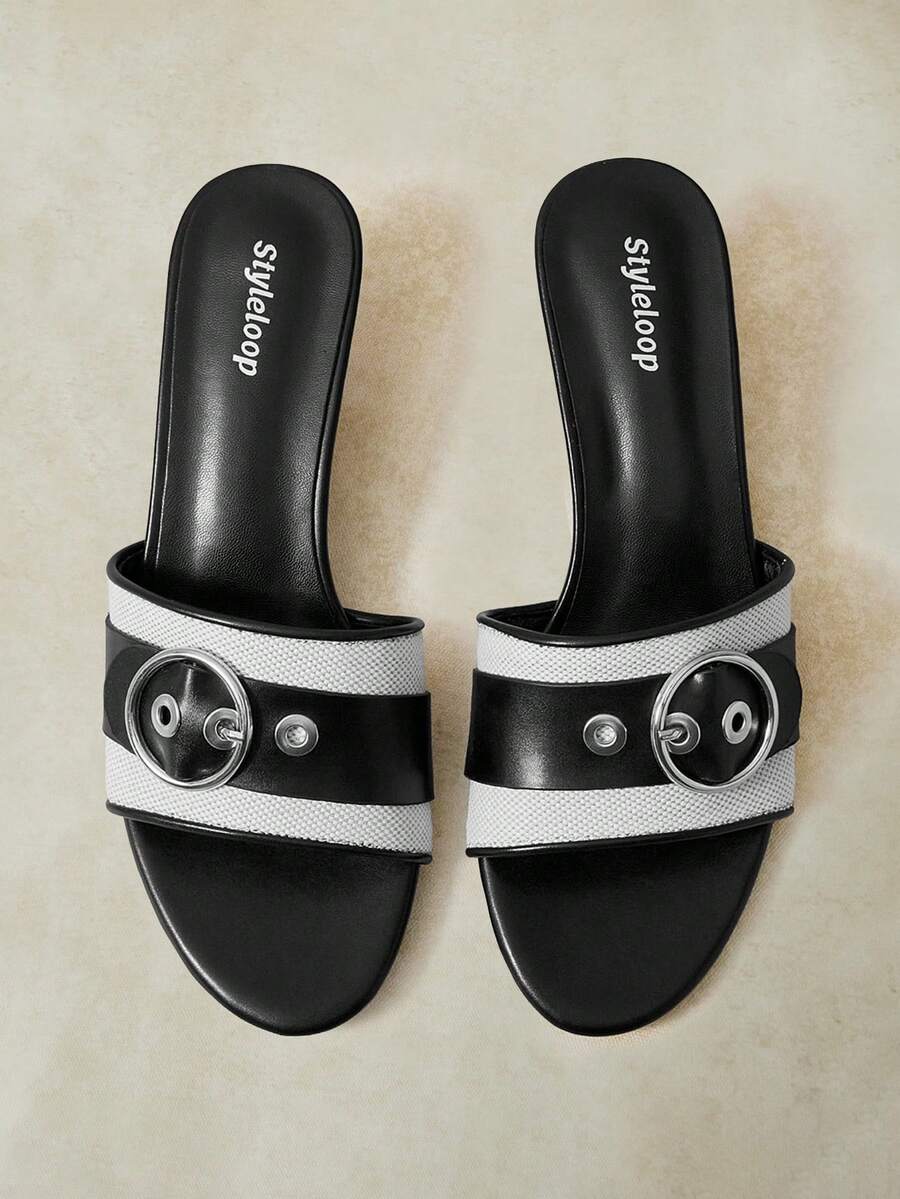 Styleloop Retro French Style Intellectual Girl Shopping Vacation Summer Metal Buckle Kitten Heel Sandals - Black - View 1