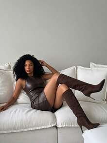 Daringsoles Women's New Pointed Stiletto Suede Wide Tube And Knee Boots - Coffee Brown - View 2