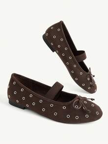 CUCCOO CHICEST Women's Fashion Rivet Bow Round Toe Flat Bottom Mary Jane Shoes, Elegant College Style - Coffee Brown - View 4