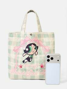 THE POWERPUFF GIRLS X SHEIN 1件裝 愛心蝴蝶結小女警設計圖案 大容量印花燈芯絨托特包 - 多色A8 - 查看 3