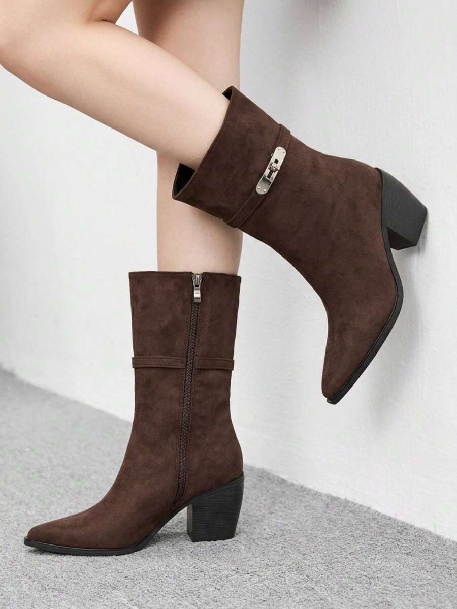 CUCCOO BIZCHIC Fashion Women's Ankle Boots, Imitation Suede Artificial Leather Pointed Mid-Boots, Simple And Elegant Side Zipper Thick Heel High Heel Boots Winter Boots - Brown - View 1