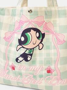 THE POWERPUFF GIRLS X SHEIN 1件裝 愛心蝴蝶結小女警設計圖案 大容量印花燈芯絨托特包 - 多色A8 - 查看 4