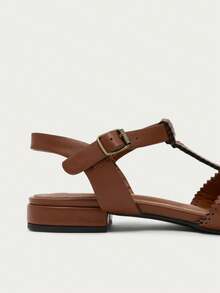 Ontre Ladies Tan Summer Hollow T-Shaped With Sandals, Closed Toe Low Heel, Street Photography, Minimalist Leisure Style, Workplace Commuting - tan - View 4