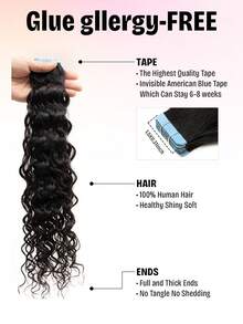 20pcs Tape In Hair Extensions Human Hair Water Wave Nature Black Color 1B 12-24 Inch Seamless Double Sided Tape Ins Hair Extension Invisible Tape In Hair Extensions Curly Hair Halloween Costumes & Christmas - S1B - View 5
