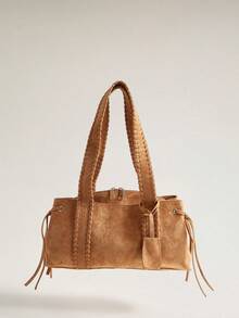Wovira Fashion Women's Faux Suede Shoulder Bag With Braided Stitched Straps And Side Drawstring Cinch Design, Ideal For Commuting And Shopping - Brown - View 8