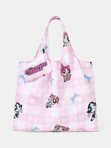 THE POWERPUFF GIRLS X SHEIN 1件裝 滿粉色系 愛小女警圖案折疊購物袋 大容量防水托特包 - 多色A9 - 查看 1