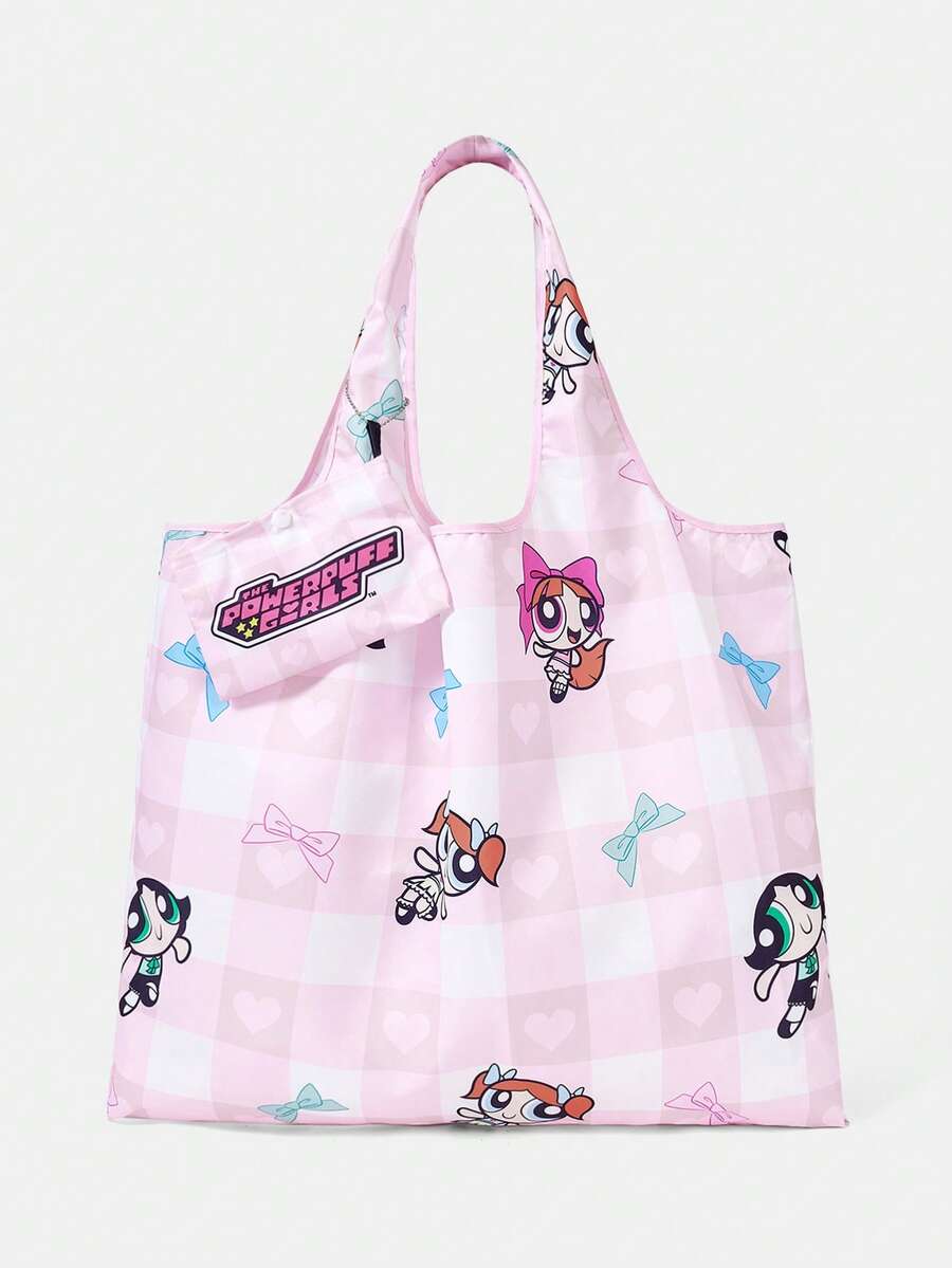 THE POWERPUFF GIRLS X SHEIN 1件裝 滿粉色系 愛小女警圖案折疊購物袋 大容量防水托特包 - 多色A9 - 查看 1
