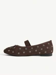 CUCCOO CHICEST Women's Fashion Rivet Bow Round Toe Flat Bottom Mary Jane Shoes, Elegant College Style - Coffee Brown - View 6