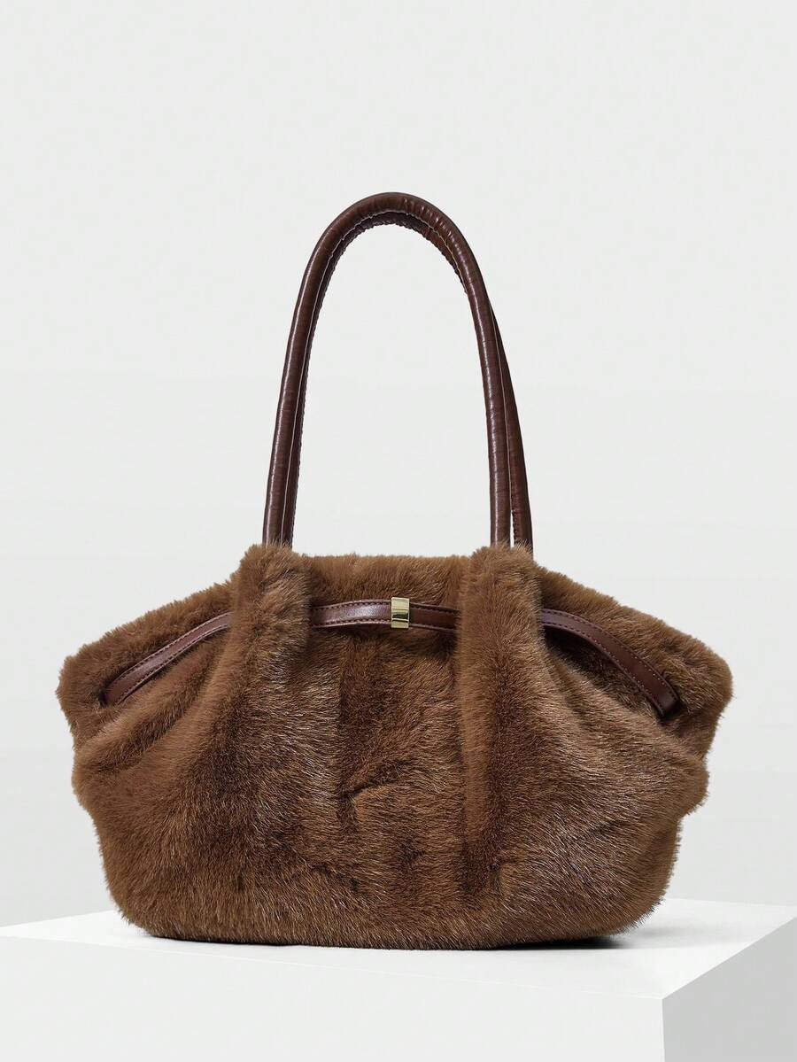 MOTF PREMIUM WOMEN'S STYLISH DARK BROWN FLUFFY SHOULDER TOTE BAG FOR COMMUTING VACATIONS AND SHOPPING - coffee color - View 1