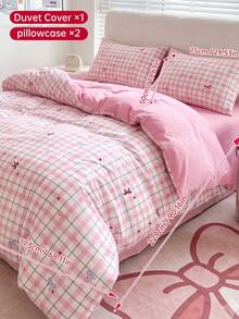 SHEIN 2/3 PCS Printed Duvet Cover Set, 1 Duvet Cover + 1/2 Pillowcases, Soft Breathable Bedding Set, Boho Floral & Cute Bow Stripe & Plaid Pattern Bedding, All Season Duvet Cover, Machine Washable - Pink and sweet plaid + rose red - View 16