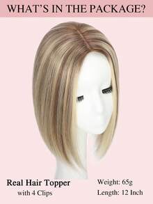 12 Inch Ash Blonde 100% Real Human Hair 5x5.5 Inch Topper For Women For Thinning Hair & Covering Grey Roots No Bangs Scalp Skin-Imitating With 4 Anti-Slip Clips Human Hair Topper - S8/27/613 - View 4