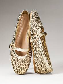 SHEIN VACAZURE Women's Elegant Woven Round Toe Comfort Soft PU Ballet Flats - Gold - View 1