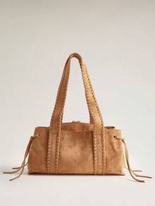Wovira Fashion Women's Faux Suede Shoulder Bag With Braided Stitched Straps And Side Drawstring Cinch Design, Ideal For Commuting And Shopping - Brown - View 6