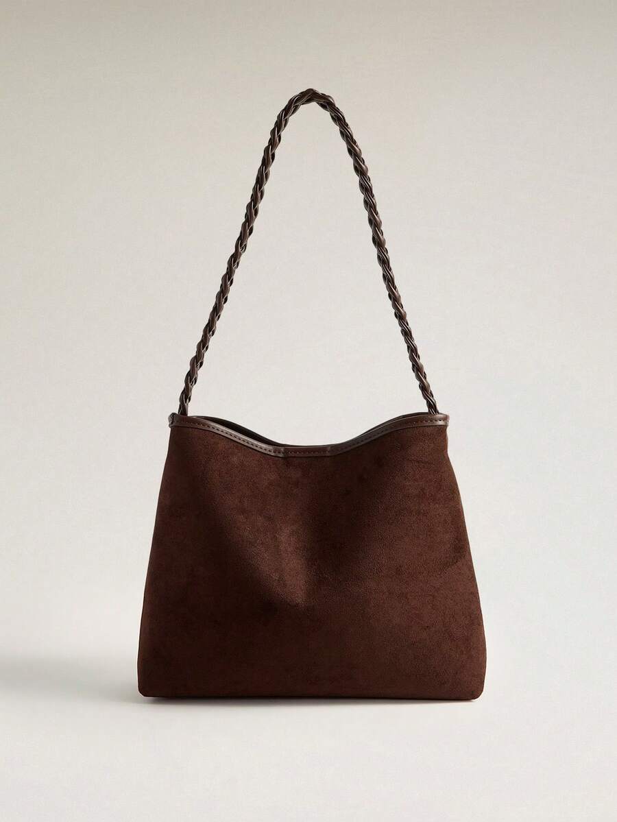 Wovira Hand-Woven Detail Shoulder Straps, Minimalist Suede Shoulder Bag, Soft And Lightweight - coffee color - View 1
