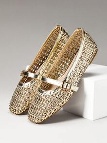 SHEIN VACAZURE Women's Elegant Woven Round Toe Comfort Soft PU Ballet Flats - Gold - View 6