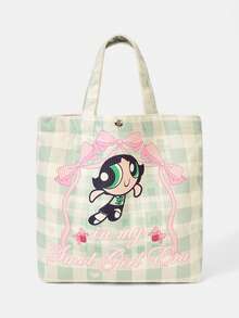 THE POWERPUFF GIRLS X SHEIN 1件裝 愛心蝴蝶結小女警設計圖案 大容量印花燈芯絨托特包 - 多色A8 - 查看 1