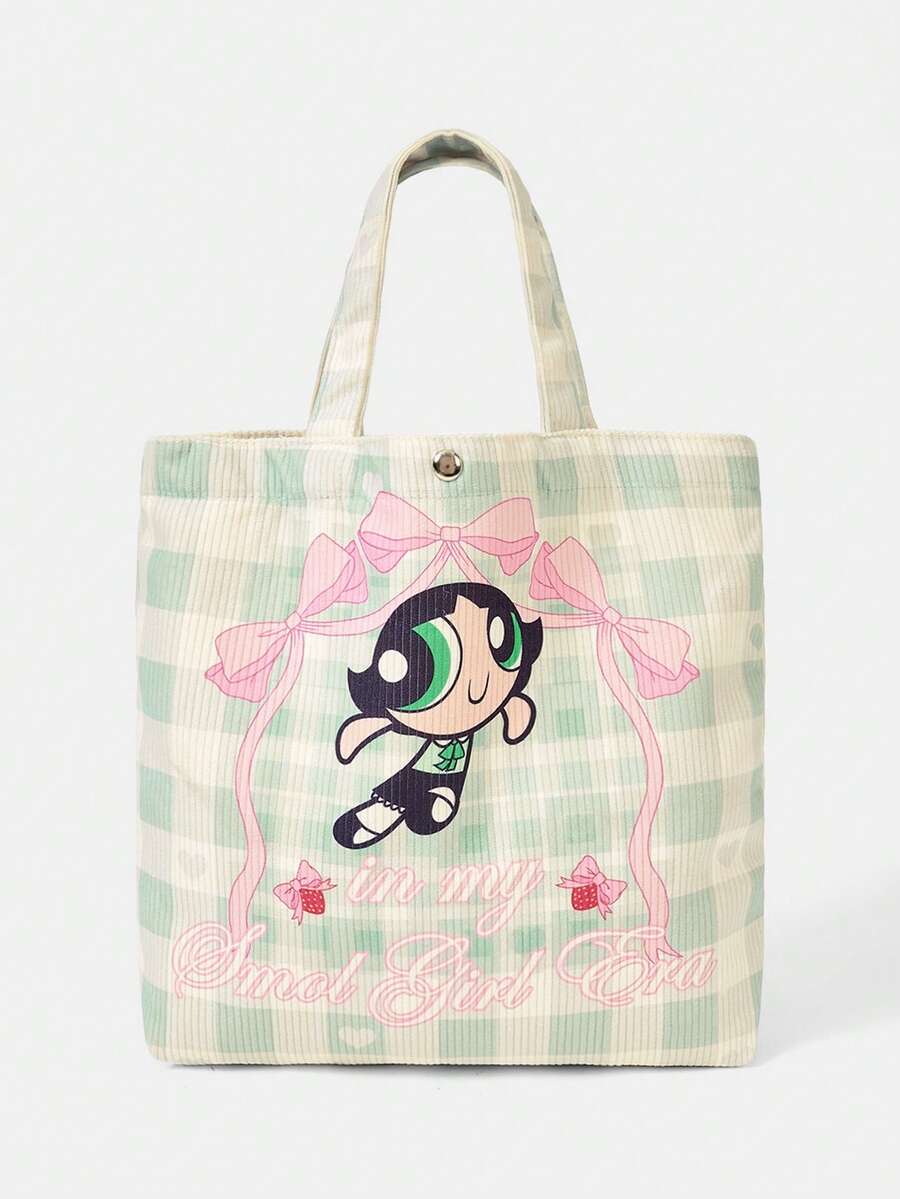 THE POWERPUFF GIRLS X SHEIN 1件裝 愛心蝴蝶結小女警設計圖案 大容量印花燈芯絨托特包 - 多色A8 - 查看 1