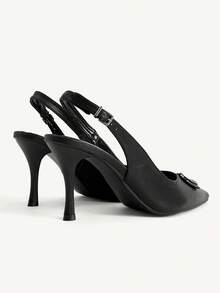 CUCCOO CHICEST Ladies Black Bright Front Metal Geometric Buckle Bow Adjustable Buckle Back Empty Pointed Toe Workplace Banquet Dress Shoes - Black - View 5