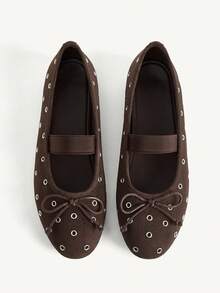 CUCCOO CHICEST Women's Fashion Rivet Bow Round Toe Flat Bottom Mary Jane Shoes, Elegant College Style - Coffee Brown - View 1