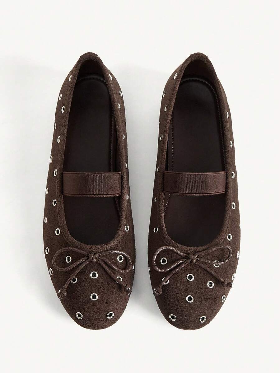 CUCCOO CHICEST Women's Fashion Rivet Bow Round Toe Flat Bottom Mary Jane Shoes, Elegant College Style - Coffee Brown - View 1