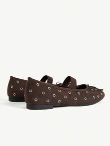 CUCCOO CHICEST Women's Fashion Rivet Bow Round Toe Flat Bottom Mary Jane Shoes, Elegant College Style - Coffee Brown - View 5