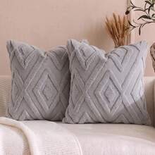 Veyra Day 1pc/2pcs All-Season Fluffy Plush 3D Diamond Geometric Throw Pillow Covers, Solid Textured Square Cushion Cases, Minimalist Neutral Farmhouse Home Decor For Sofas, Bedrooms, Bay Windows And Homestays, Pillow Insert Not Included - Light gray - View 19