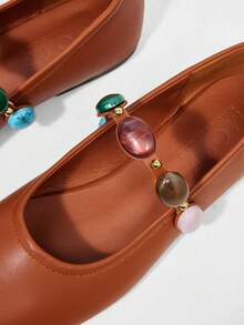 MOTF PREMIUM WOMEN COLORFUL GEM STRAP MARY JANE FLATS, SOFT LEATHER ROUND TOE SLIP ON FLAT SHOES, VINTAGE BROWN DAILY WALKING BALLERINAS - Camel - View 5