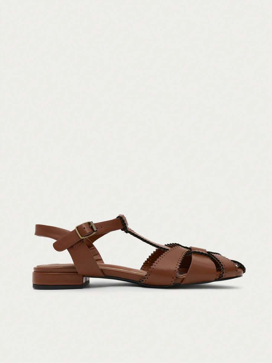 Ontre Ladies Tan Summer Hollow T-Shaped With Sandals, Closed Toe Low Heel, Street Photography, Minimalist Leisure Style, Workplace Commuting - tan - View 1