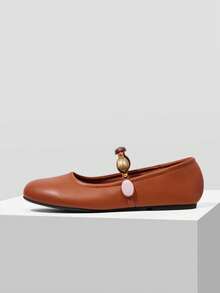 MOTF PREMIUM WOMEN COLORFUL GEM STRAP MARY JANE FLATS, SOFT LEATHER ROUND TOE SLIP ON FLAT SHOES, VINTAGE BROWN DAILY WALKING BALLERINAS - Camel - View 3