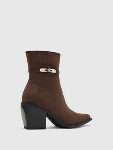 CUCCOO BIZCHIC Fashion Women's Ankle Boots, Imitation Suede Artificial Leather Pointed Mid-Boots, Simple And Elegant Side Zipper Thick Heel High Heel Boots Winter Boots - Brown - View 6