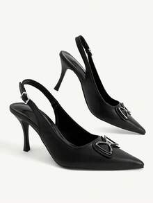 CUCCOO CHICEST Ladies Black Bright Front Metal Geometric Buckle Bow Adjustable Buckle Back Empty Pointed Toe Workplace Banquet Dress Shoes - Black - View 4