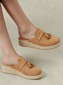 Styleloop Women's Autumn Camel Suede Fringed Bag Head Half-Tow, Round Head, Weave Wedge Heel, Thick Bottom Fashion, Wear Muller Slippers - Camel - View 2