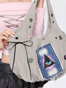 ROMWE Women's Shoulder Bag Y2K Spice Girl Is Sweet And Cool, All-Seeing Eye, Gray Decoration (Including 1 Bag + A Pack Of Accessories, DIY By Yourself) - Grey - View 6