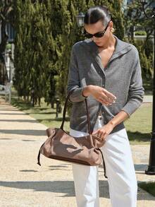 SHECARRY Ladies' Beige Faux Suede Spliced Shoulder Tote Bag, Suitable For Commuting And Shopping - Khaki - View 4