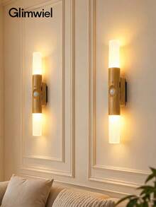 Glimwiel 1PC/2PCS Wood Grain Rechargeable Wall Sconce, Light Oak, RGB Dimmable Soft Light, Motion Sensor Stair Mirror Night Light, Home Decor Lighting, USB Charging - multicolor - View 1