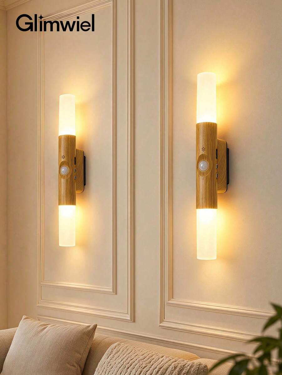 Glimwiel 1PC/2PCS Wood Grain Rechargeable Wall Sconce, Light Oak, RGB Dimmable Soft Light, Motion Sensor Stair Mirror Night Light, Home Decor Lighting, USB Charging - multicolor - View 1