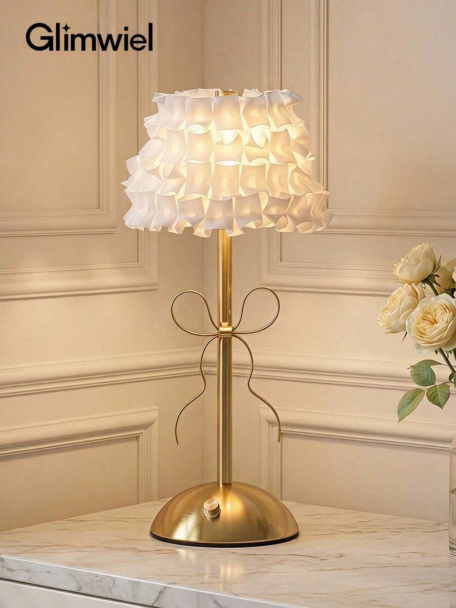 Glimwiel 1pc French Elegant CordlessTable Lamp, Bowknot Gold Desk Lamp With 3 Light Colors, Ruffled Fabric Shade Decor Lamp For Bedroom Dining Room, Ideal Home Decor & Gift - multicolor - View 1