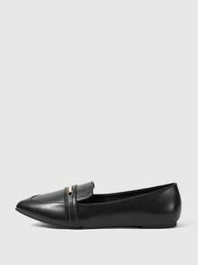 Sleekvia Women's Black Pointed Toe Loafers With Metal Square Buckle Decor, Flat Soft Upper Slip-On Shoes For Office And Commute - Black curved one-word buckle - View 6