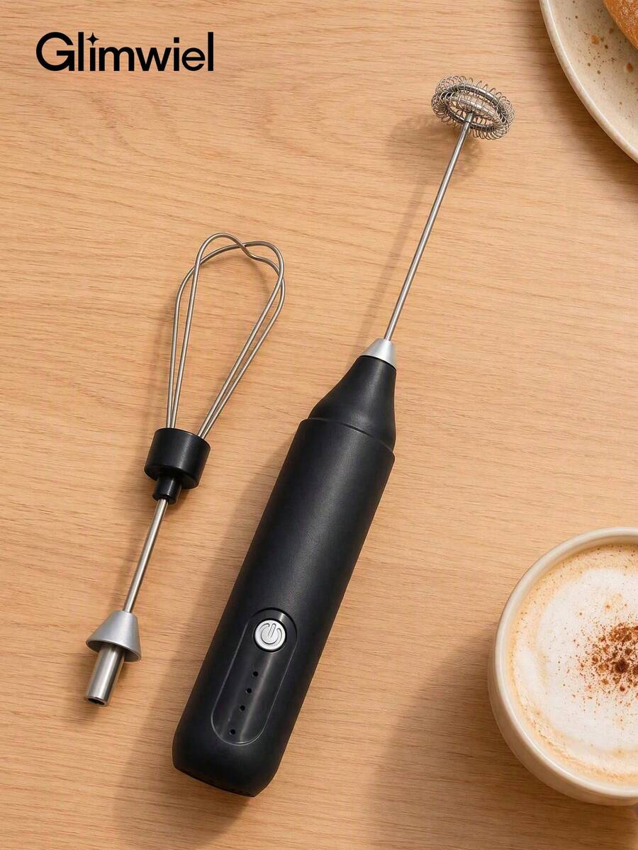 Glimwiel 1pc Rechargeable Electric Milk Frother, 2 Interchangeable Heads, 3 Speed Modes, Handheld Foam Maker, Egg Whisk For Coffee, Latte, Cappuccino, Kitchen Gadget, Black - Multicolor - View 1