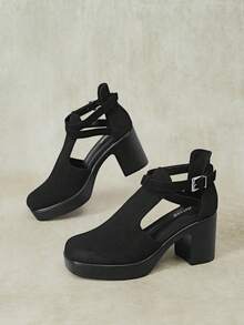 Styleloop Outdoor Women's Square Head Cross Strap Design Is Fashionable, Simple, Breathable And Comfortable, Buckle Strap Single Shoes For Parties - Black - View 3
