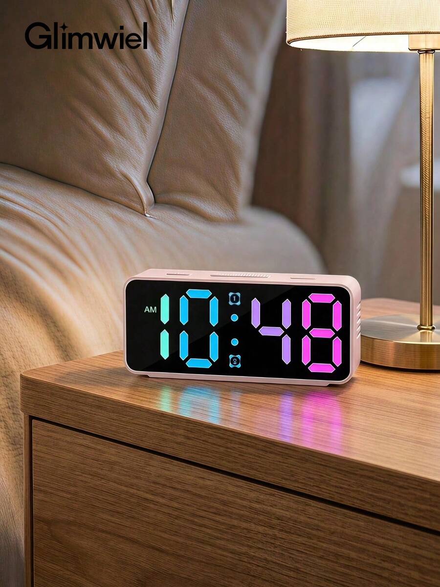 Glimwiel 1 chiếc đồng hồ báo thức LED kỹ thuật số RGB, 15 chế độ màu, màn hình gương lớn, báo thức kép, độ sáng điều chỉnh được, đồng hồ để bàn dùng nguồn USB-C cho phòng ngủ và văn phòng - Nhiều màu - Xem 1